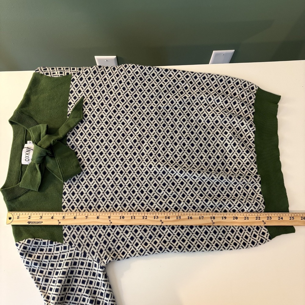 NWT OXKNIT 100% Cotton Green Patterned Bow Neck Knit Sweater Size M Preppy Twee - Picture 10 of 10